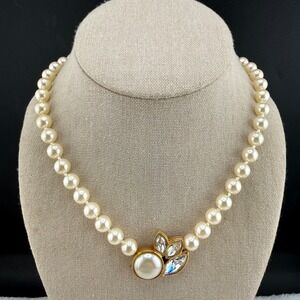 Vintage Swarovski Necklace Cream Faux Pearl Crystal Gold Tone Floral 16"